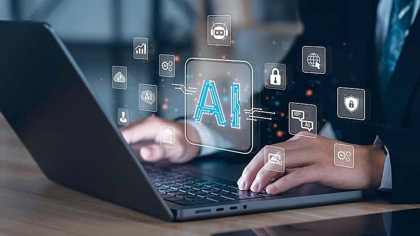 Graphic illustration of AI tools in action within an eCommerce procurement setting, highlighting features like analytics, predictive forecasting, and digital contract management