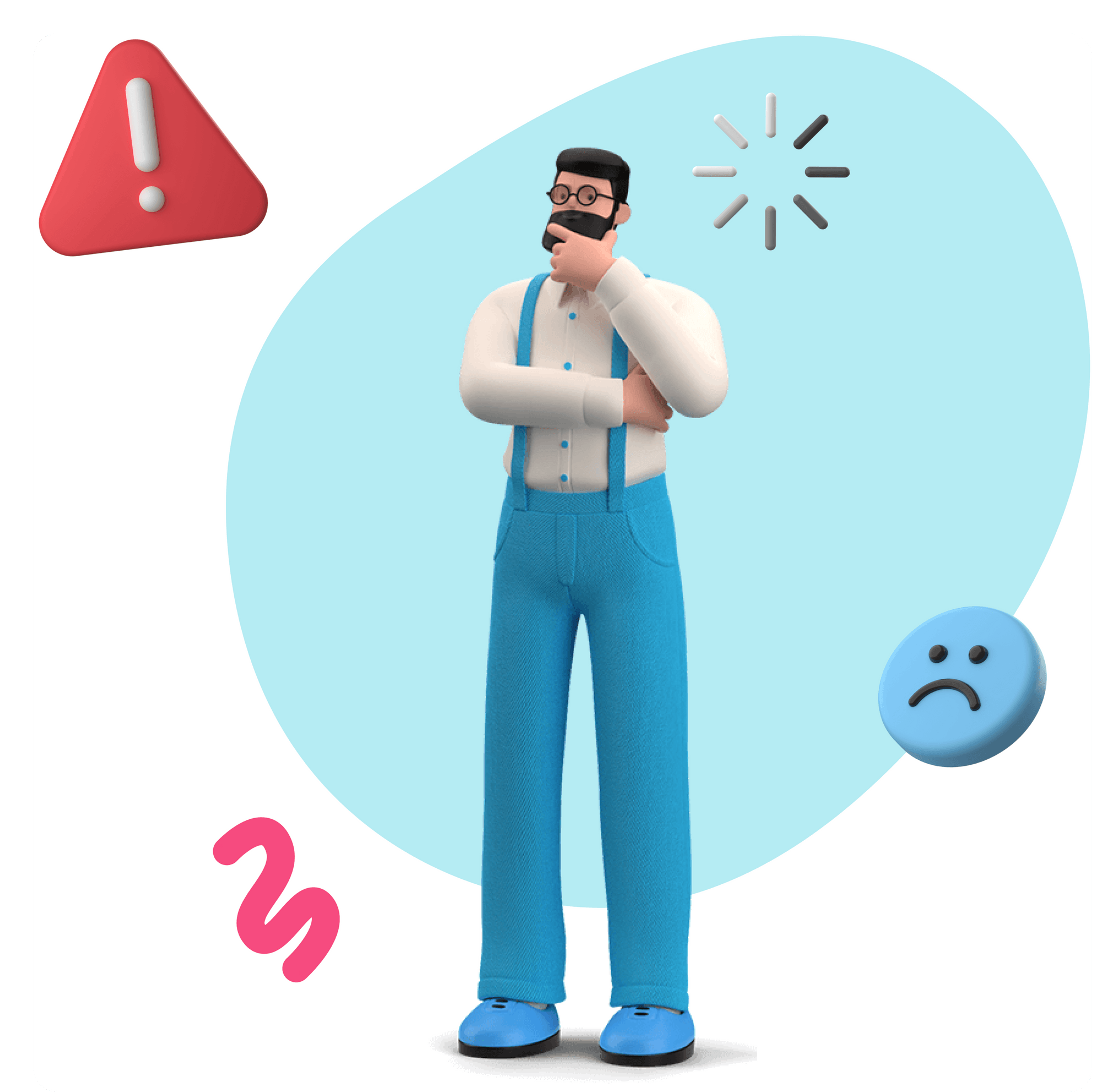 A red warning triangle suggests a problem and a 3D bubble figure in an engineering outfit is thinking deeply.
