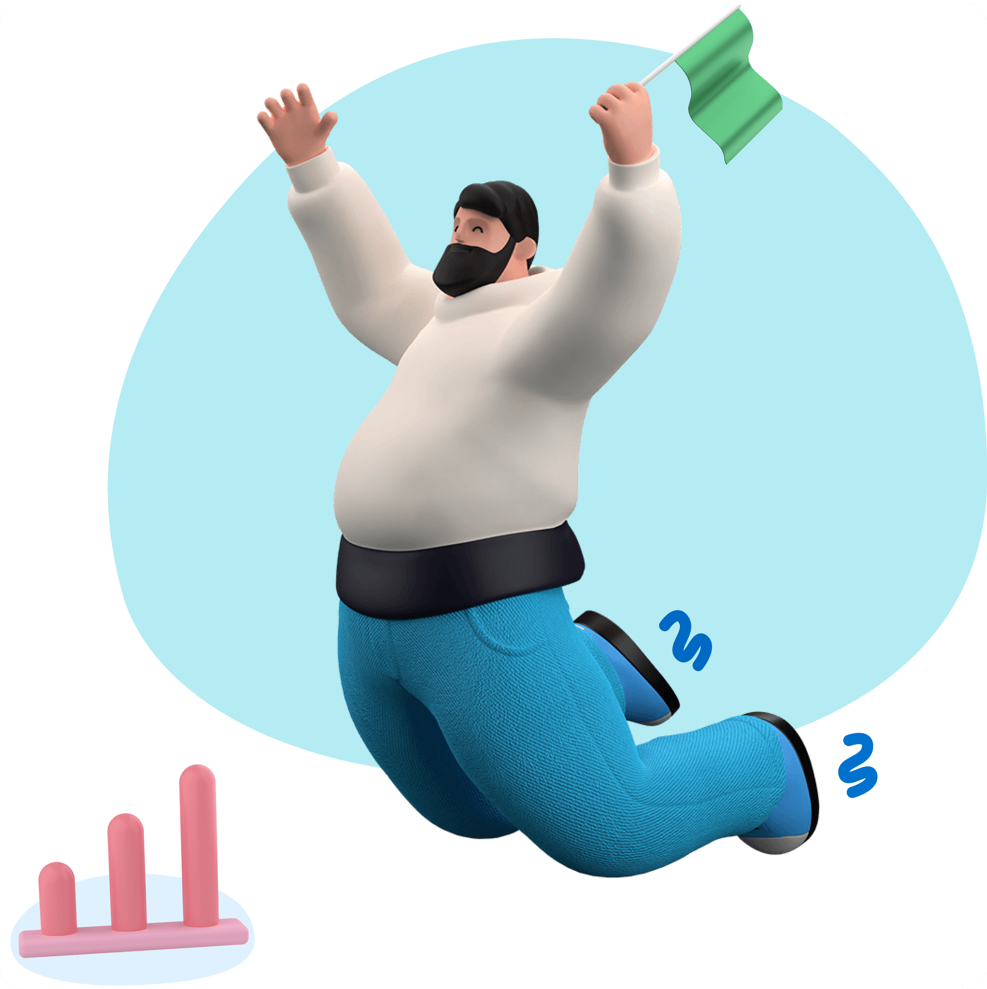 Bearded 3D bubble man jumping with excitement holding a green flag.