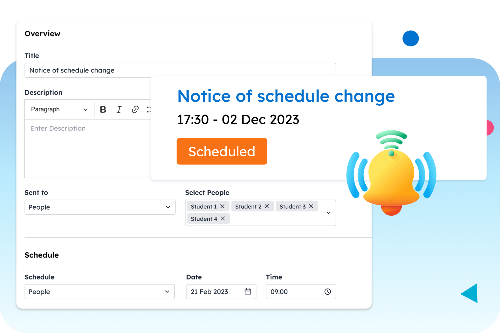 Overview of custom notification fields with bell icon to represent scheduled class reminders.