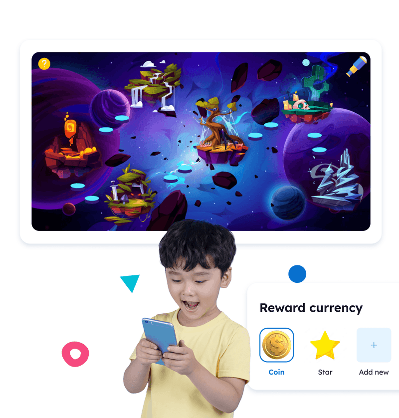 Gamification at Its Best: Happy Young Learner Explores Space-themed Lesson with Clickable Activities and Customizable Reward Currency.