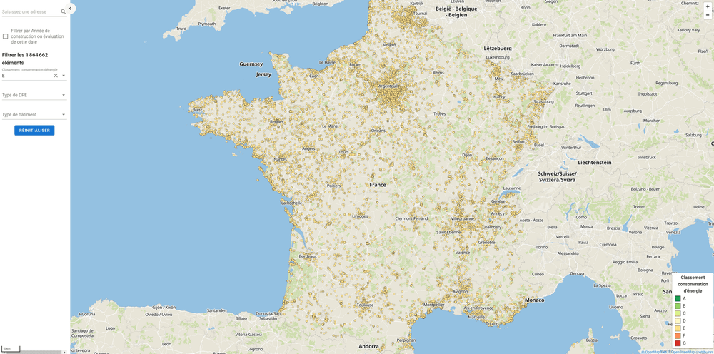 Carte de France affichant la répartition des biens immobiliers classés DPE E