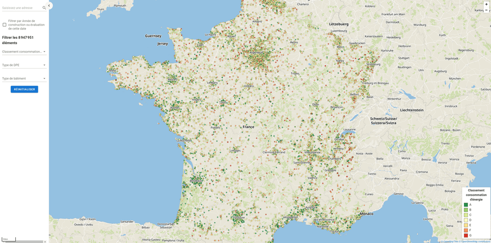 Carte de France montrant la répartition géographique des diagnostics énergétiques par couleur.