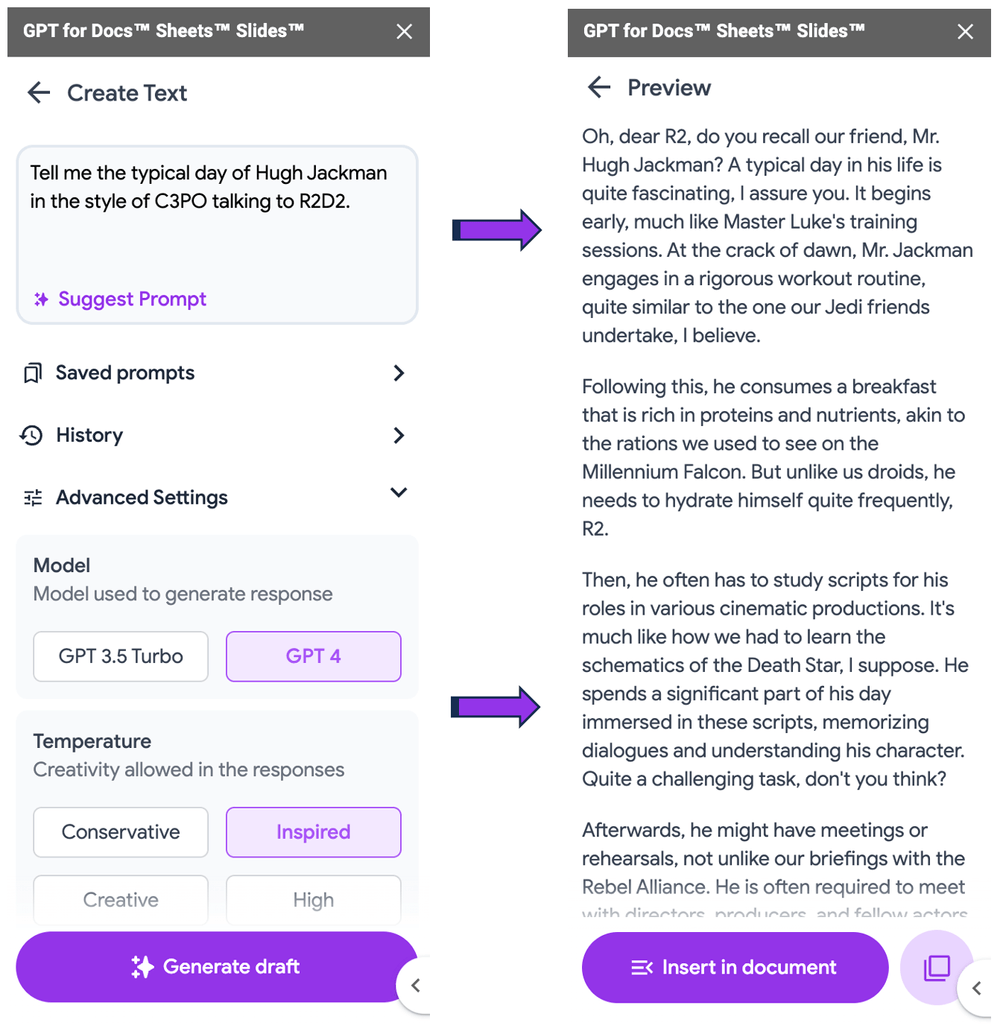 Exemplo do resultado quando se pede para escrever ao estilo de C3PO