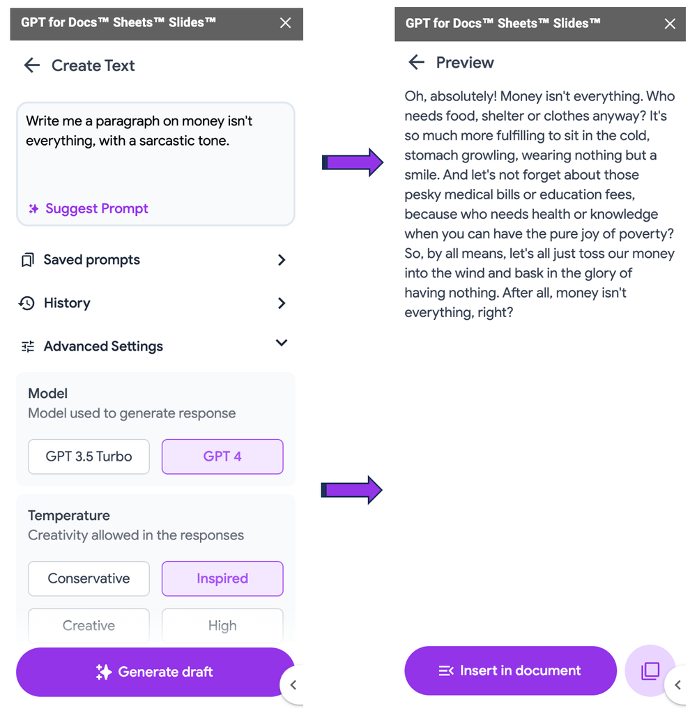 example of a sarcastic prompt in GPT Workspace